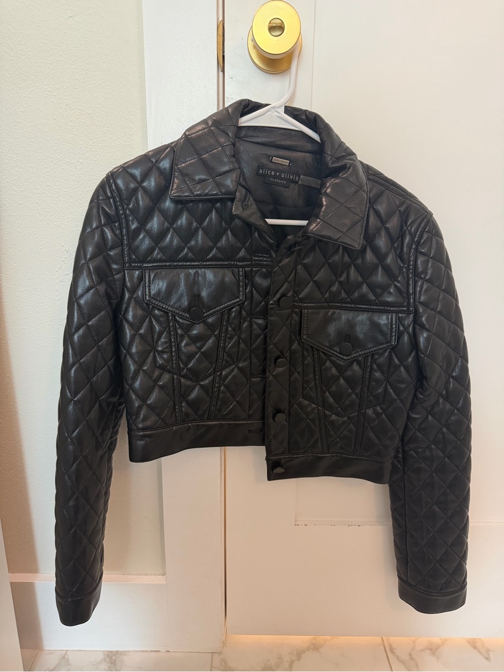 alice + olivia Black Quilted Faux-Leather Cropped Jacket